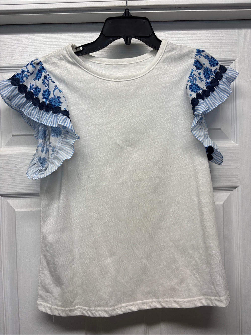 White Tee with Blue Floral Ruffle Sleeves with Navy Embellishment Medium